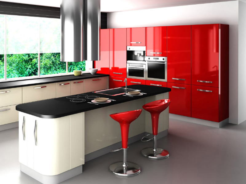 Кухня с островом в красно-черно-белых цветах