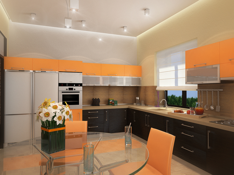 Яркая кухня в частном доме сочетает в себе уют и достаточное количество пространства.