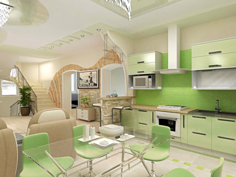 Кухня столовая в доме может совмещаться с другими помещениями, и отделяться от них исключительно зонированием и арками