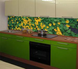 Зеленые обои на цветной кухне