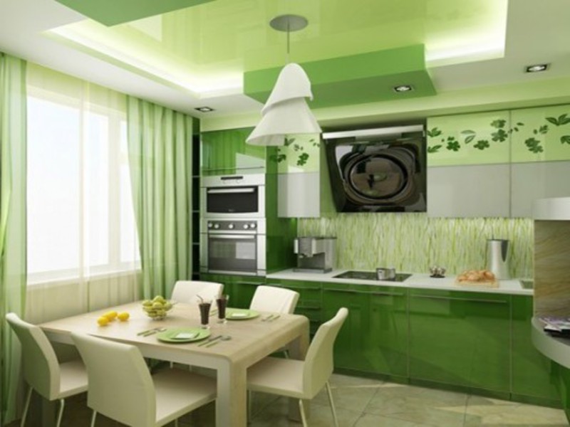 Обои зеленого цвета на кухне